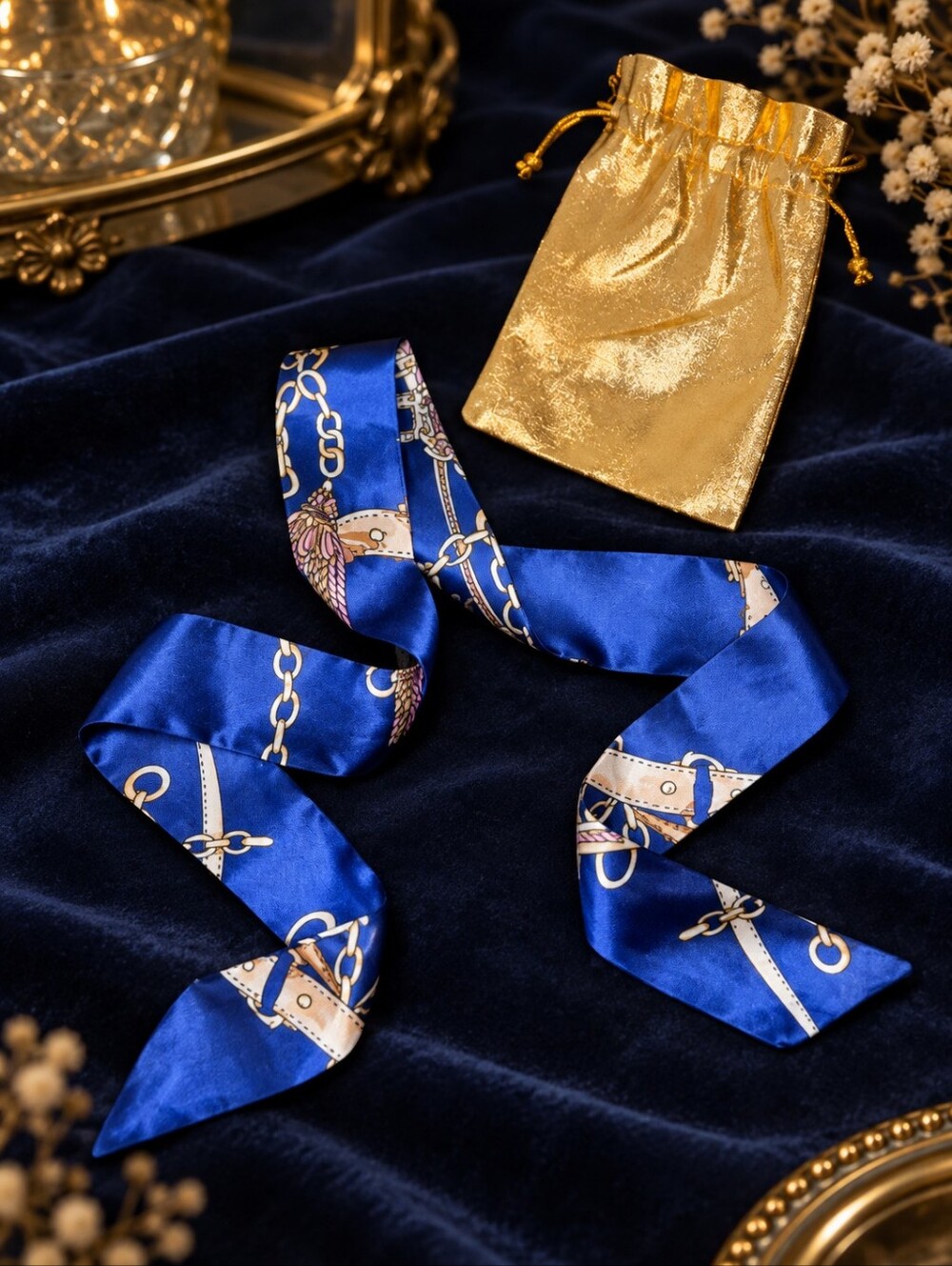 🕯Blue Satin Twilly Scarf Chain Print Purse Handle Wrap Hair Tie Neck Scarf NWOT